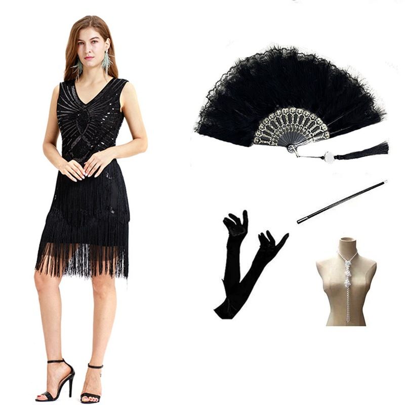 1920S retro tassel sequin sexy V-neck dress slim banquet evening dress dropshipping_ecoleips.com