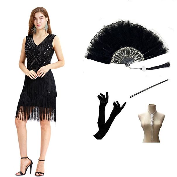 1920S retro tassel sequin sexy V-neck dress slim banquet evening dress dropshipping_ecoleips.com