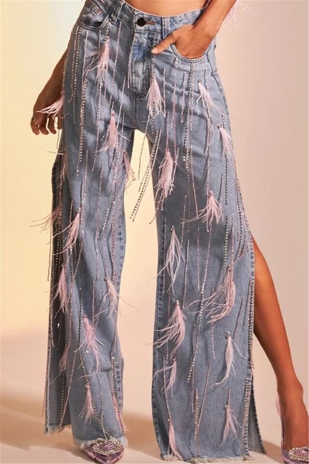 Women's Clothing Washed Distressed Wide Leg Pants Plush Diamond Chain Decorated Slit Straight Jeans Women_ecoleips.com