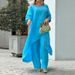 Women's Cotton Linen Two Piece Suit Large Size Irregular Long Sleeve Top Wide Leg Pants Casual Fashion_ecoleips.com