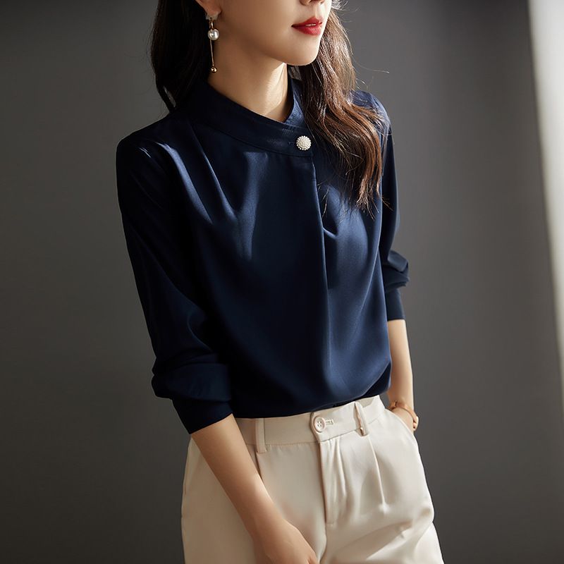 Breathable Chiffon Blouse For Women – Trendy Casual & Office Shirt With Flowy Silhouette, Navy Blue Spring/Summer Top_ecoleips.com