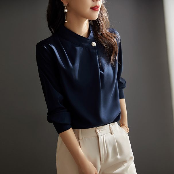 Breathable Chiffon Blouse For Women – Trendy Casual & Office Shirt With Flowy Silhouette, Navy Blue Spring/Summer Top_ecoleips.com