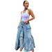 Women's Faux Two Piece Denim Skirt European American Style Streetwear Symmetrical Slit Jeans_ecoleips.com