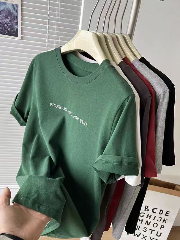Women's Korean Letter Short Sleeve T-Shirt round Neck Casual Loose Slim Fit Brushed Cotton Top for Early Autumn All Match Bottoming_ecoleips.com