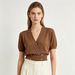 English: French Elegant V - Neck Crossover Design Double - Row Gold Button Short - Sleeve Knit Top_ecoleips.com