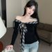 2025 New Sweet And Cool Design Bow Tie Strap Plaid Patchwork Off-Shoulder Long Sleeve T-Shirt For Women_ecoleips.com