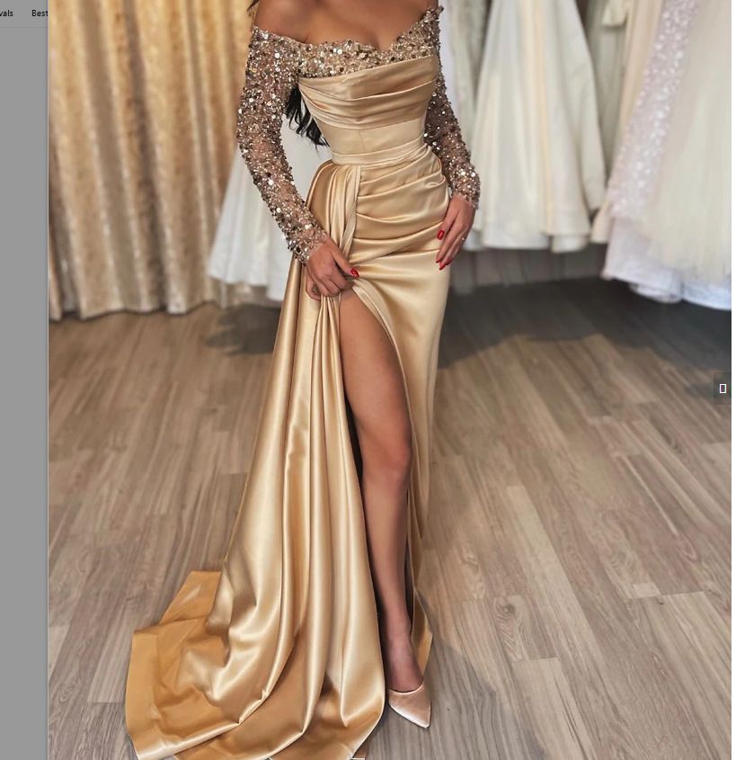 One Shoulder Long Sleeve Sequin Beaded V Neck Flowy Hem Split Maxi Dress Formal Evening Party Gown For Women_ecoleips.com