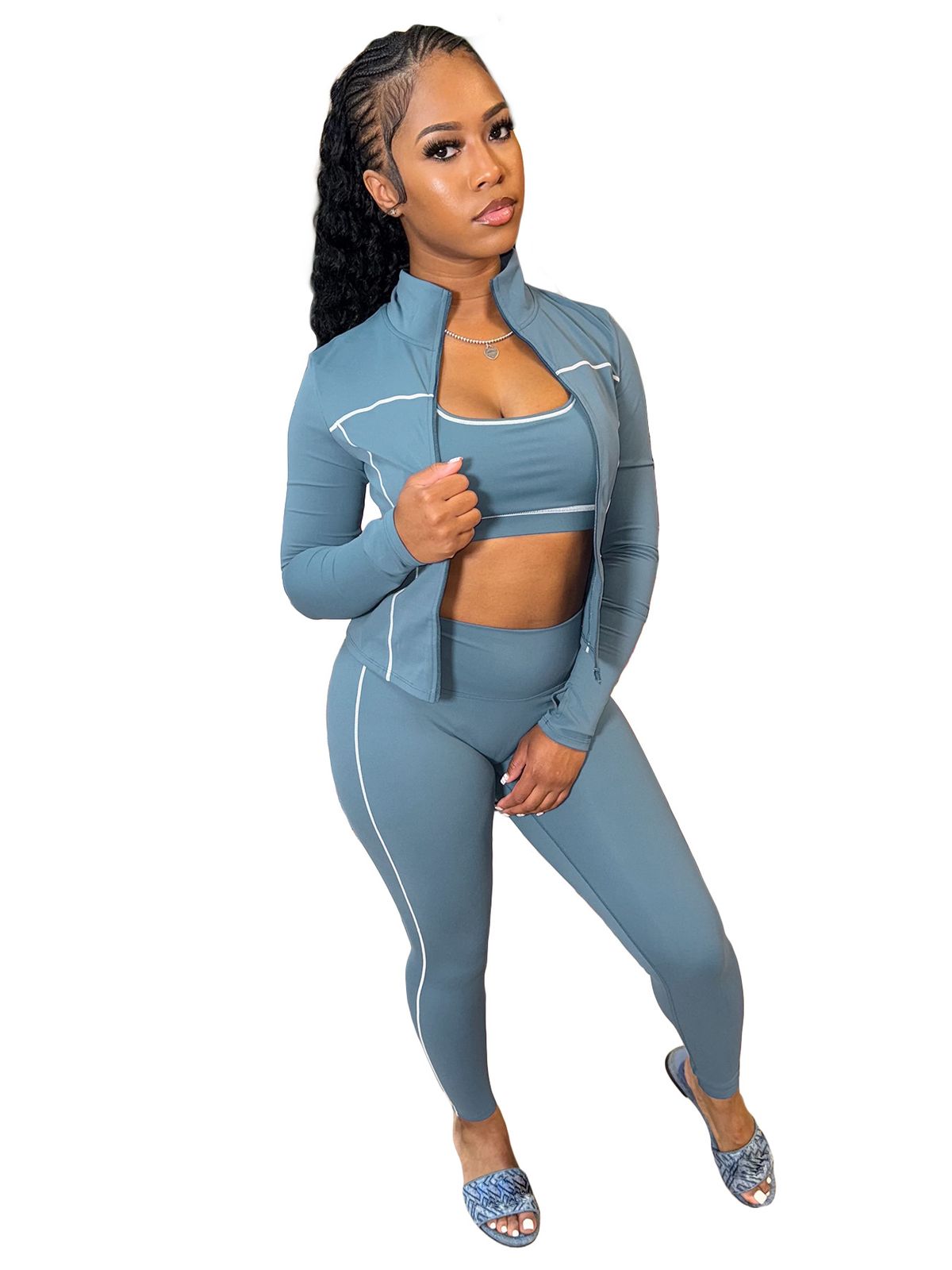 Women's Clothing Fashion Vest With Zipper And Thumb Buckle 3-Piece Workout Set – Zip-Up Sports Bra, Thumbhole Long Sleeve & High-Waisted Leggings_ecoleips.com