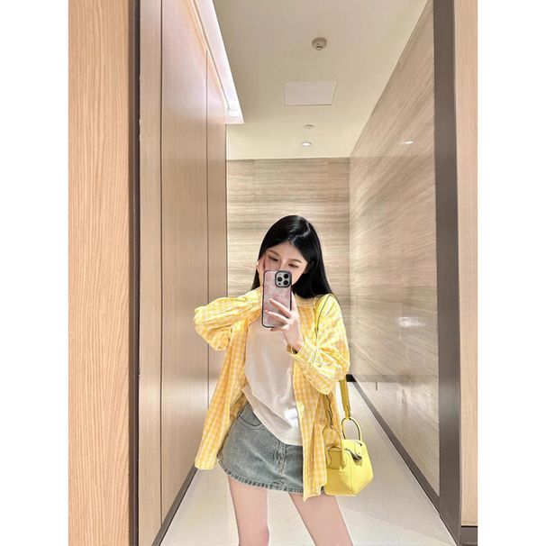 Yellow Loose-Fitting Checkered Shirt For Women, Spring Korean-Style Casual Long-Sleeved Thin Sun-Protective Jacket_ecoleips.com