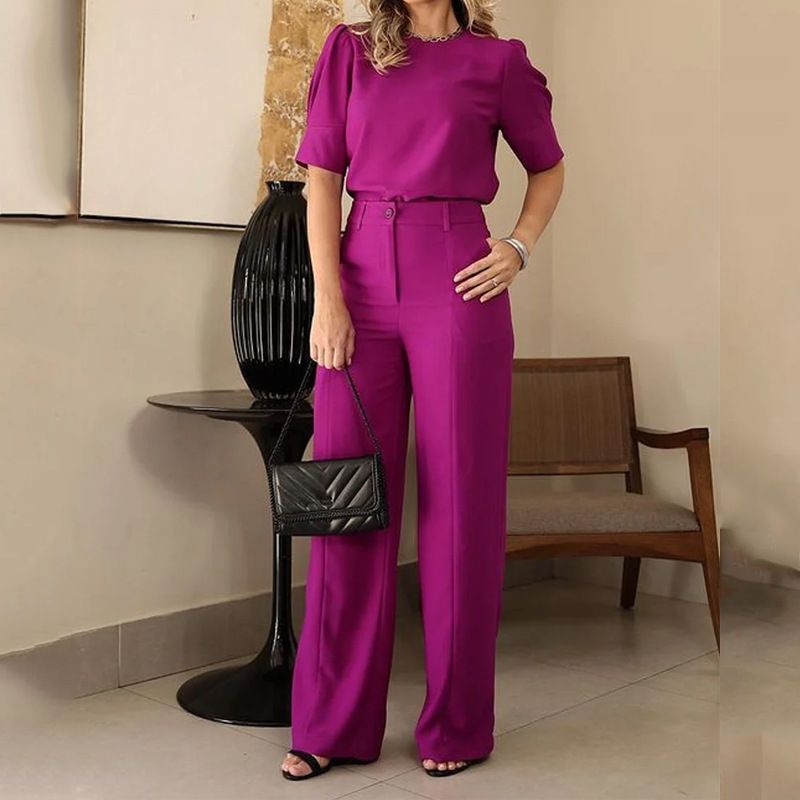 Women's Clothing New Round Neck Mid-Sleeve High Waist Wide Leg Pants Fashion Casual Suit_ecoleips.com