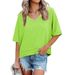 Women's Solid Color Patchwork T-Shirt V-Neck Short Sleeve Loose Top Fashion Summer New Arrival_ecoleips.com