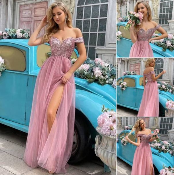 Women's Clothing Elegant Banquet Elegant Sleeveless Slit Sequin Evening Dress With Sheer Tulle Skirt - V-Neck Princess Gown For Banquet & Party_ecoleips.com