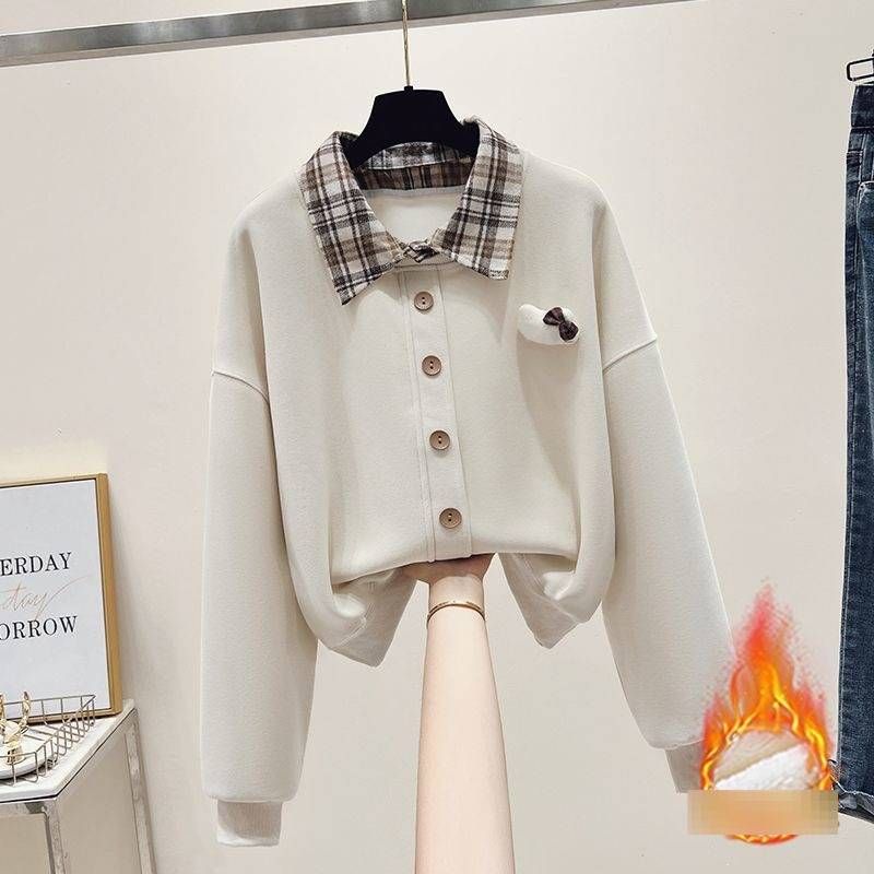 Fleece-Lined Plaid Polo Collar Sweatshirt & Vintage Drawstring Jeans Set - Winter-Ready Academic Style (Blue/Beige/Grey)_ecoleips.com