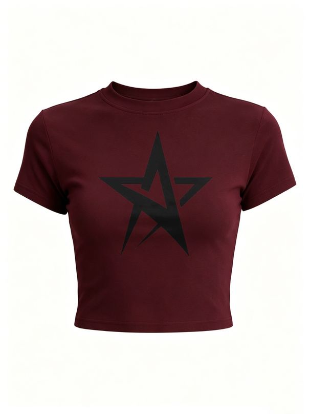 Women's Overlapping Star Top, Y2K Style, High-waisted Slim-fit Round Neck Design, T-shirt For Rock Punk Lovers._ecoleips.com