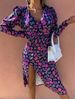 Women's Loose Long Sleeve V Neck Slim Waist Printed Dress Spring Summer_ecoleips.com