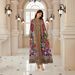 Modest Abaya Dress Women's Ethnic Maxi Dress V-Neck Long Sleeve Printed Loose Fit Full Hem Dress For Middle East_ecoleips.com