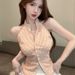 Sleeveless Collared Halter Neck Shirt, Summer Pleated Slim-fit Design, Stylish Top For Hot Girls, Vintage Plaid,_ecoleips.com