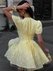 Tossy Yellow Lace-Up Printed Mini Dress Women's V-Neck Slim Short Sleeve Elegant Commute Bandage Dress Evening Ladies Clothes_ecoleips.com