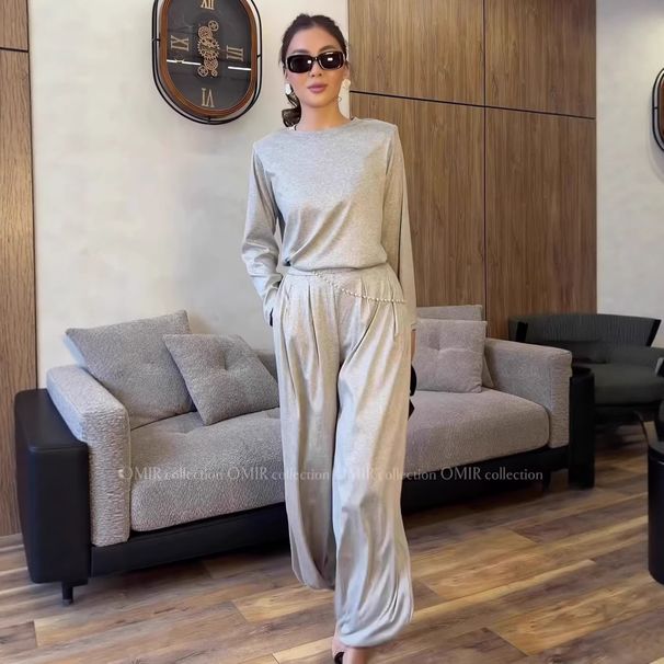 Spring New Style Women's Clothing Set Solid Color Round Neck Long Sleeve Top And Wide Leg Pants_ecoleips.com