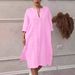 Cross-Border European And American Independent Station Loose Plus Size Button Solid Color Dress Women's_ecoleips.com