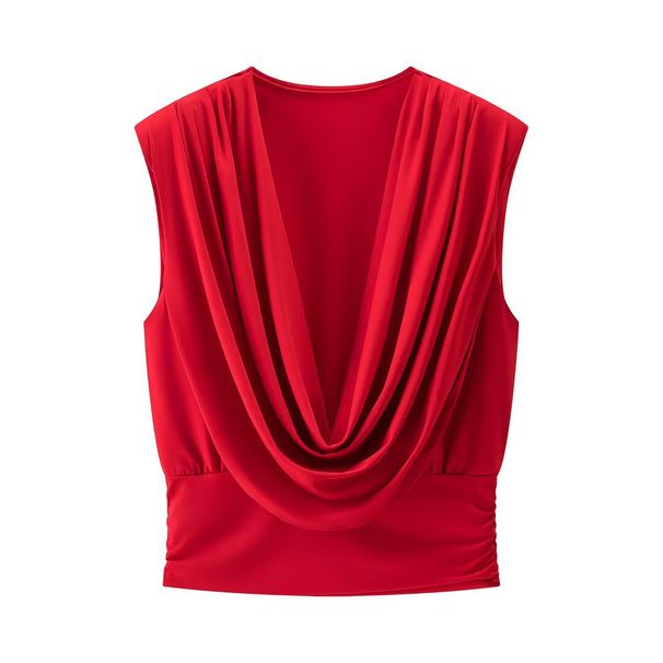Women's Clothing Classic Pleated Shoulder Top American Style Fashionable Summer Polyester Cotton Tee_ecoleips.com