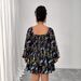 Flirty Floral Print Dress – Square Neck Backless Bubble Sleeve Dress, Feminine & Elegant For Women_ecoleips.com