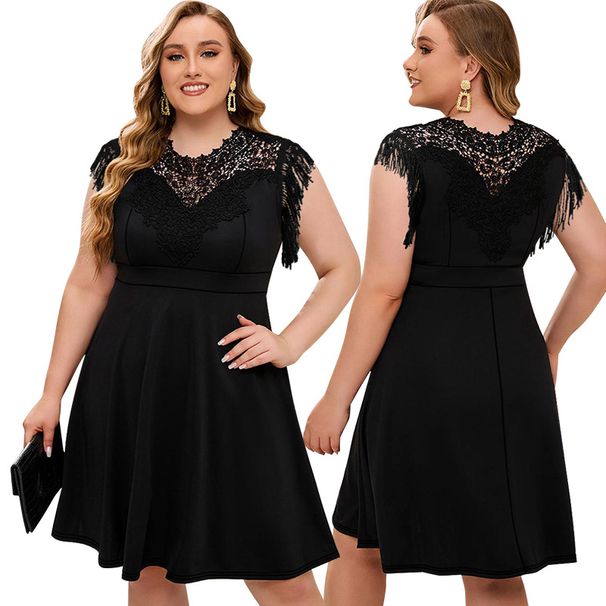 Women's Clothing Plus Size Women's Elegant Lace Dress Style Round Neck Tassel Detail A-Line Skirt For Formal & Casual For Women_ecoleips.com