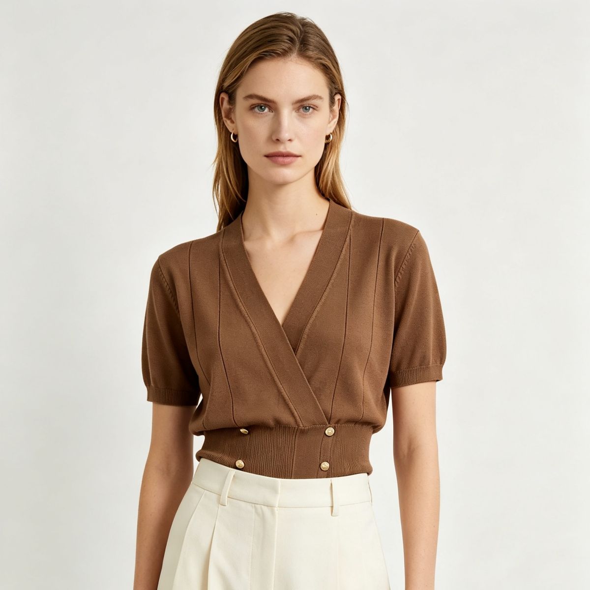 English: French Elegant V - Neck Crossover Design Double - Row Gold Button Short - Sleeve Knit Top_ecoleips.com