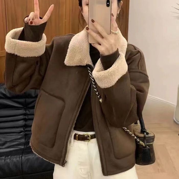 Women's Clothing Thickened Fleece Collar Jacket Women's Winter Short Bomber Coat Cozy Faux Shearling Zip-Up Outerwear (Brown, Khaki)_ecoleips.com