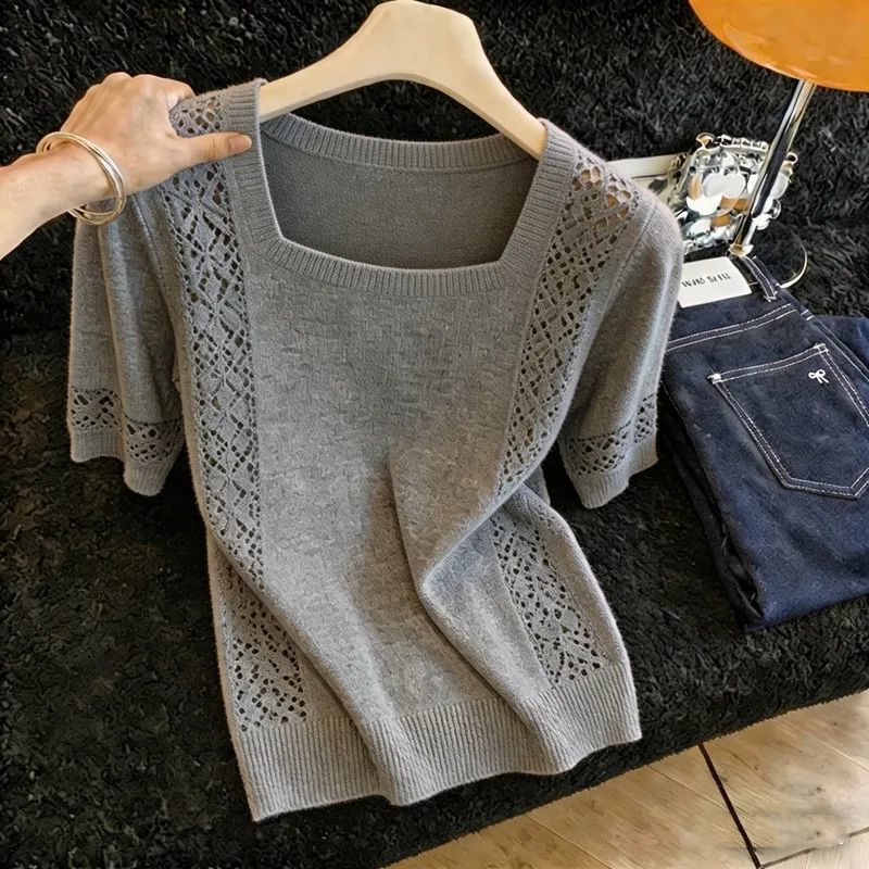 Women's Square Neck Short Sleeve Knit Sweater Slimming Top For New Spring/Summer Style_ecoleips.com