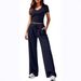 Aria Basics Aria Basics New European American Product: Solid Color Casual Suit With Pleated Short-sleeve Top And High-waisted Wide-leg_ecoleips.com