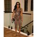 Women's Animal Print Jumpsuit With Asymmetric Shoulder, Sexy Slim Fit Bodycon Romper For Night Out_ecoleips.com