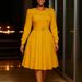 K New Round Neck Long Sleeved High Waisted A-line Dress Elegant Party Solid Color Dress_ecoleips.com