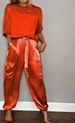 Women's Clothing Elegant Satin Short Sleeve Top Pants Set Soft Stylish Two-Piece Outfit In Multiple Colors ( Gold, Brown, Blue, Beige, Purple, Green)_ecoleips.com