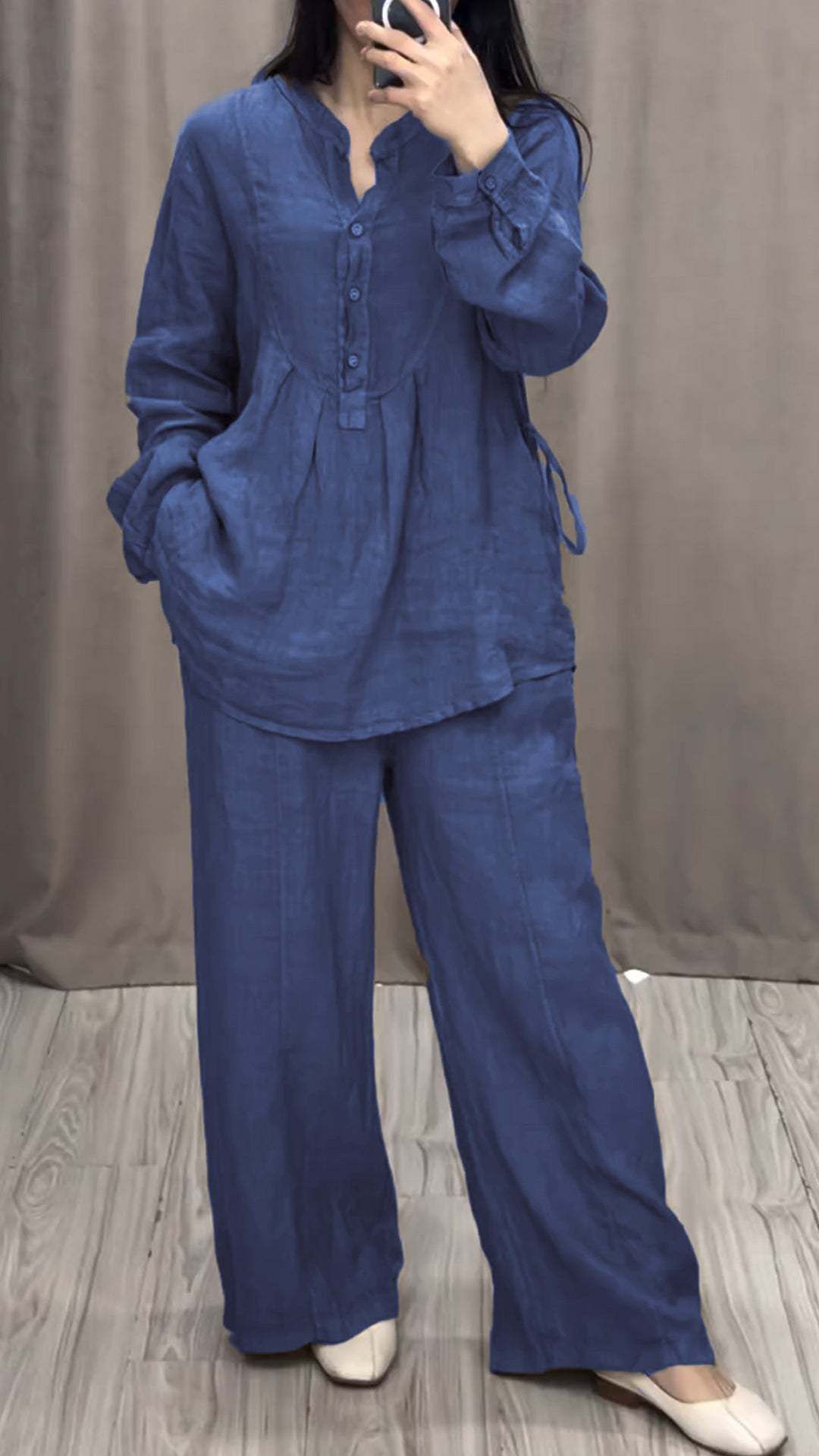 Women's Fashion Cotton Linen Set Long Sleeve Top With Half Open Placket Wide Leg Pants Autumn Casual Comfortable Clothing_ecoleips.com