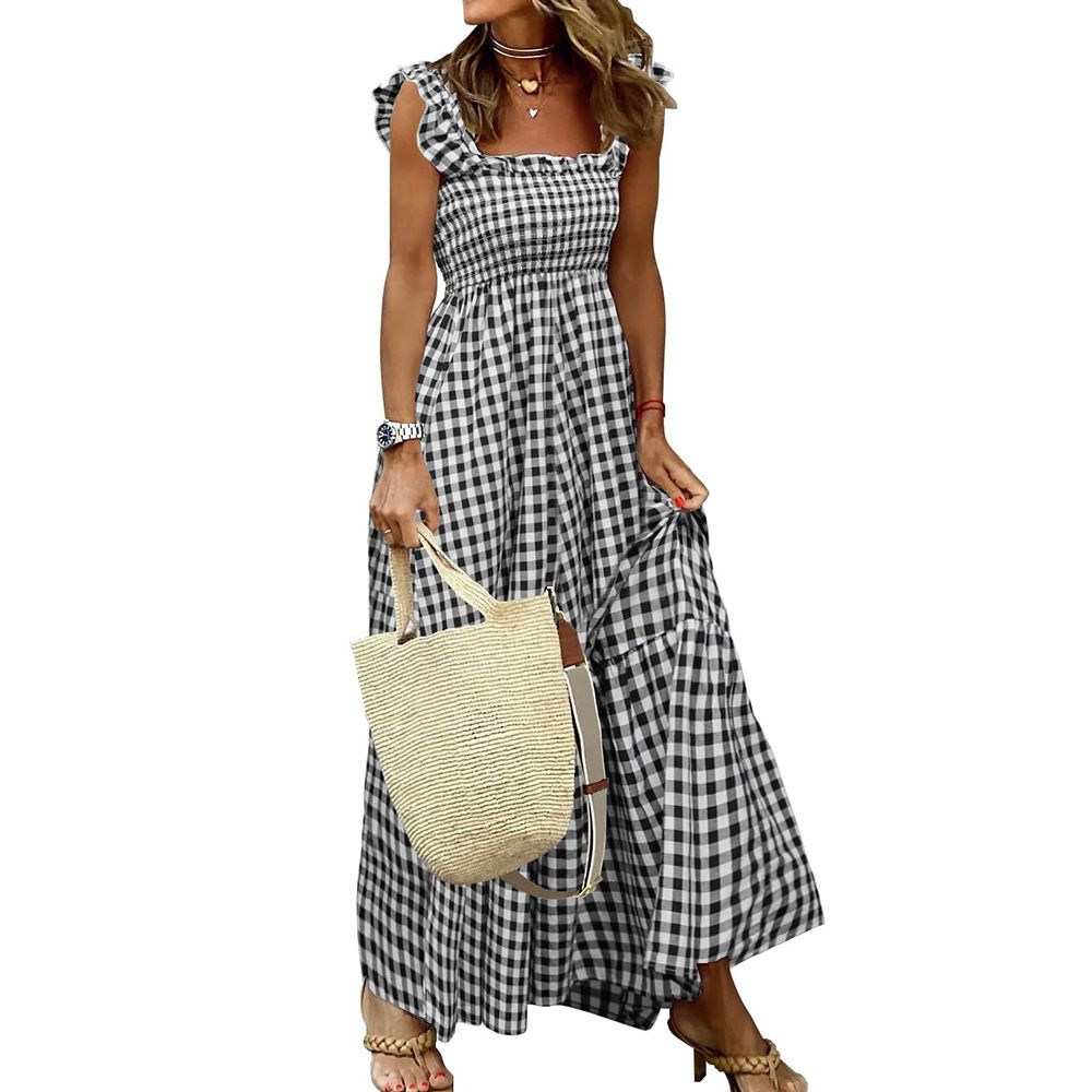 Summer New Style Women's Plaid Pleated Long Dress Sweet Square Neck American Clothing_ecoleips.com