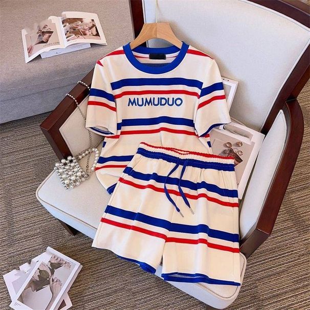 Women's Clothing Fashion Casual Sports Suit For Women Summer New Loose Striped Letter Short Sleeved T Shirt Shorts Two Piece Suit_ecoleips.com