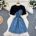 Women's Clothing Fashion Design Two Piece Dress Summer Short Sleeved Patchwork Waist Zipper Denim Mid Length Skirt_ecoleips.com