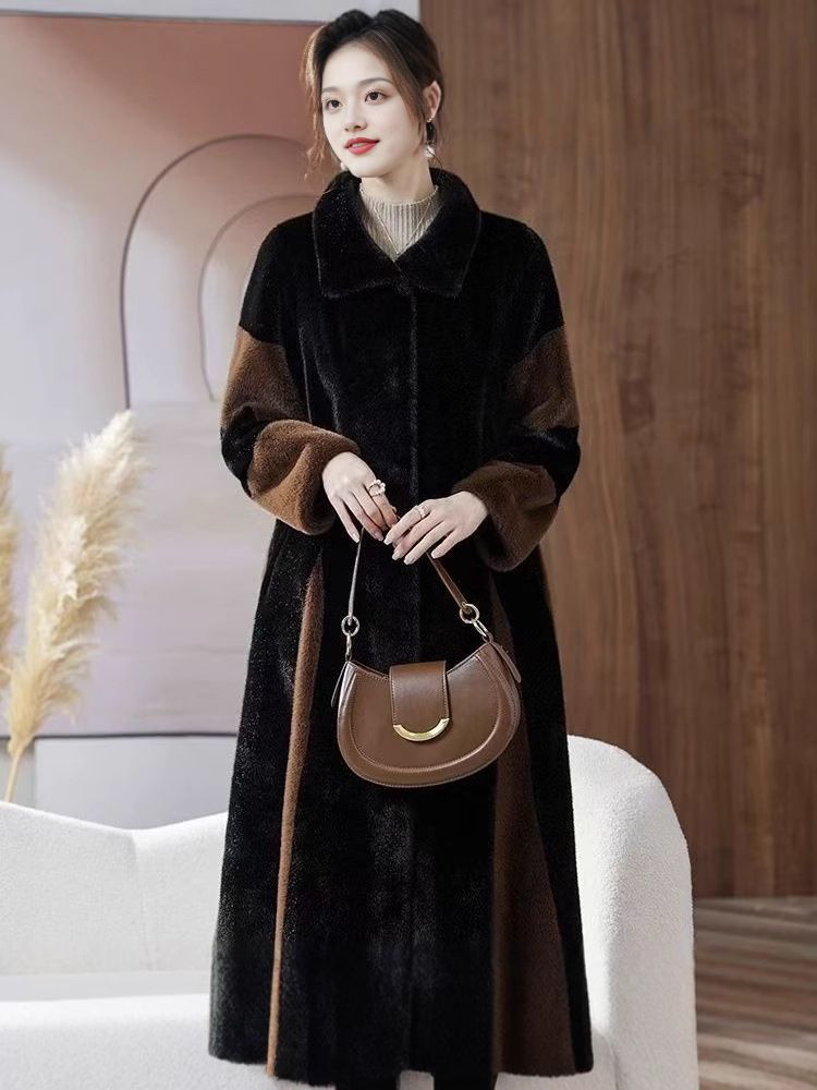 Luxury Faux Fur Coat For Women - Extra Long & Thick Winter Jacket With Stand Collar, Elegant Black-Brown Color Blocking, Plus Size Available_ecoleips.com