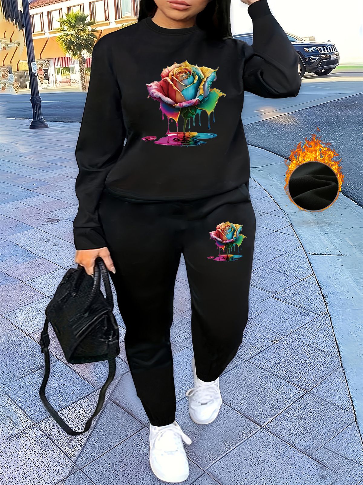 Women's Autumn And Winter Hip-hop Casual Street Rose Pattern Printed Round Neck Sports Shirt+sports Pants Set-537_ecoleips.com