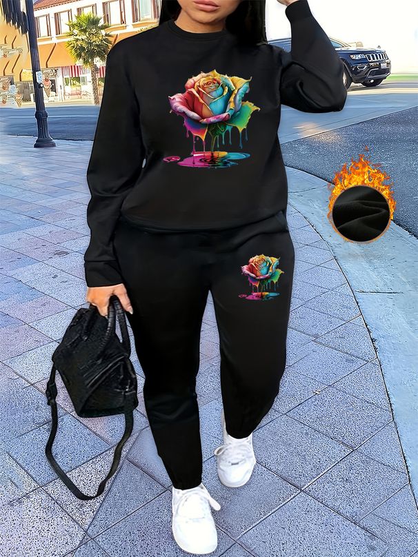 Women's Autumn And Winter Hip-hop Casual Street Rose Pattern Printed Round Neck Sports Shirt+sports Pants Set-537_ecoleips.com