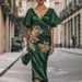 Women's V Neck Short Sleeve Dress Floral Print Pleated Long Skirt Digital Print Clothing For Ladies_ecoleips.com