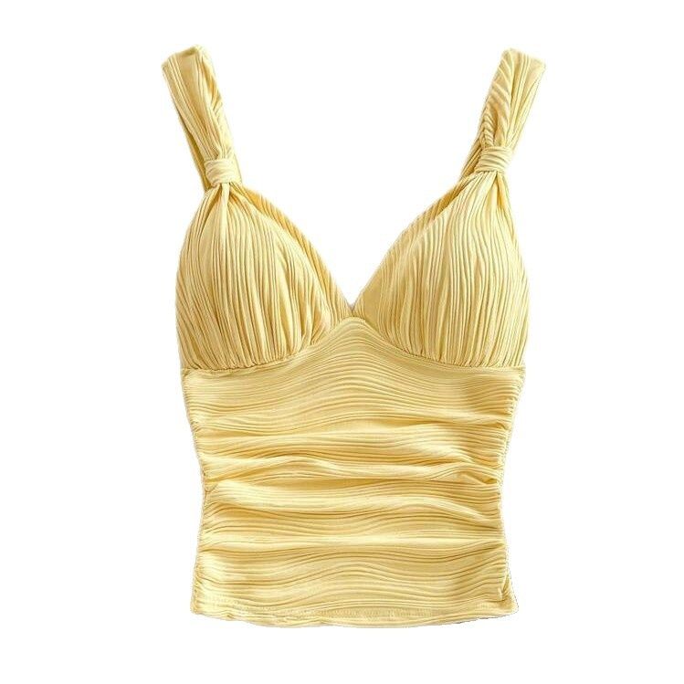 2025 New Summer Cross-Border Fashion Women's Clothing European And American Sexy V-Neck Ruched Slim-Fit Camisole_ecoleips.com