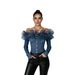 Women's Clothing Women's Blue Denim Top Off-Shoulder Button Decorated Shirt Ruffled Mesh Trim Spring/Autumn_ecoleips.com