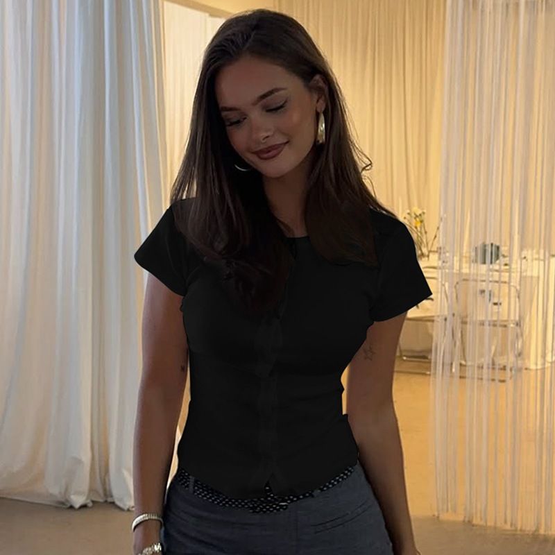Women's Slim Fit round Neck Cardigan Short Sleeve Button down T-Shirt European American Style Summer Fashion 2026 New Arrival_ecoleips.com