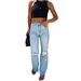 Cross-Border Exclusive 2024 New Xiyin European And American Women's Washed Ripped Jeans_ecoleips.com