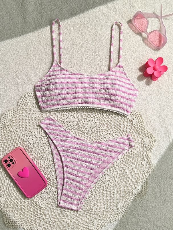 Women's Clothing New Sexy Split Striped Lace Bikini Ins Style Ladies Beach Vacation Swimsuit_ecoleips.com