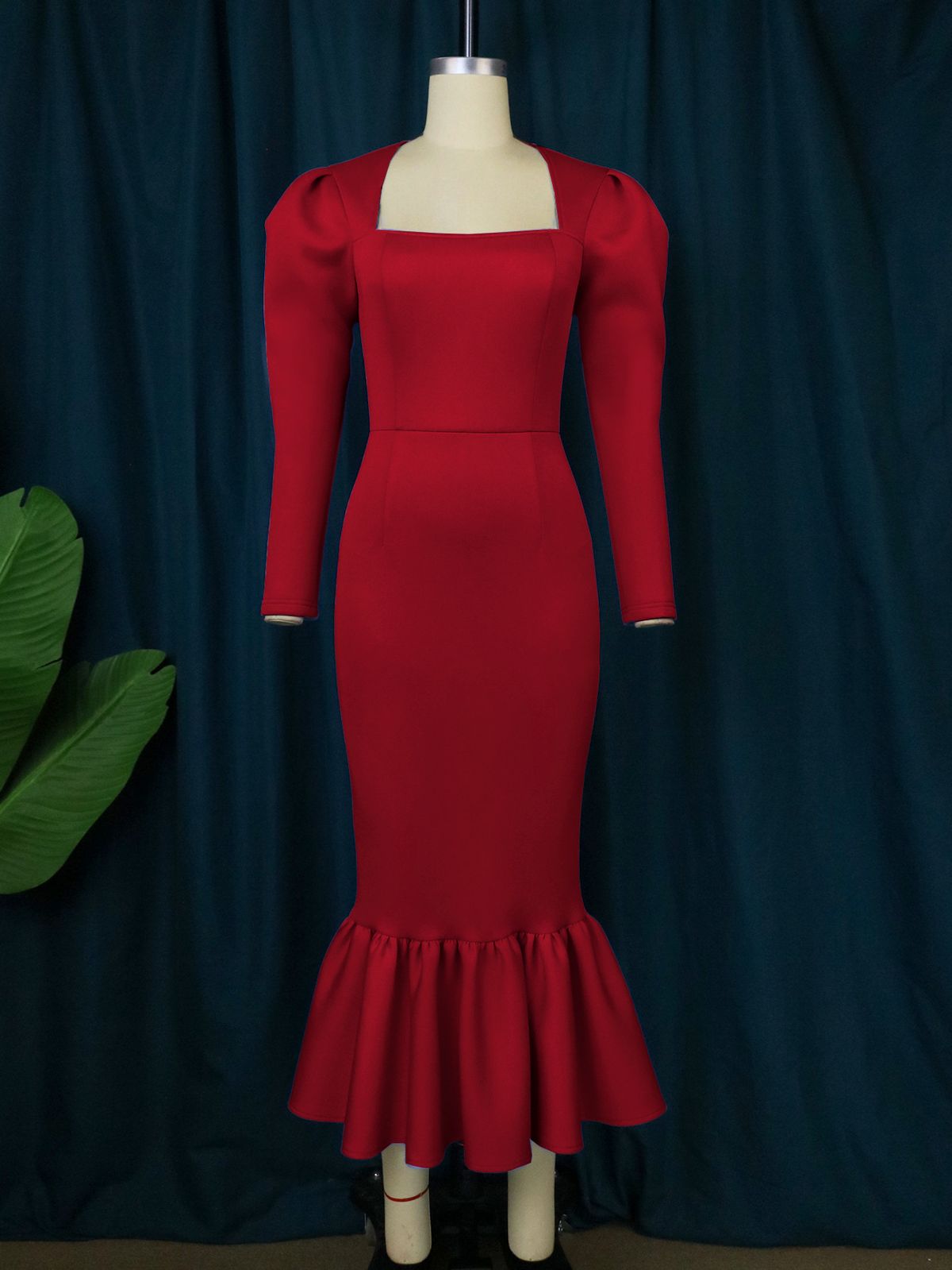 Women's Clothing Large size neck long sleeve high waist fishtail dress elegant style banquet party one step dresses_ecoleips.com