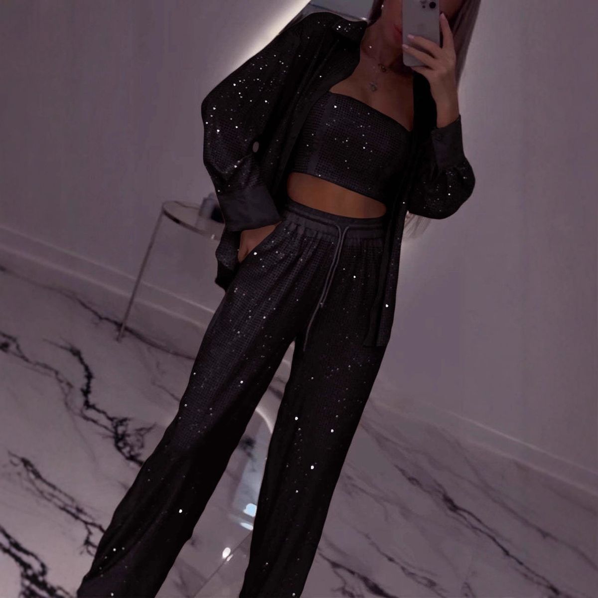 Women's Clothing Women's Sequined Camisole Three Piece Set Casual Style Loose Trousers And Jacket Long Sleeve For Formal & Casual For Women_ecoleips.com