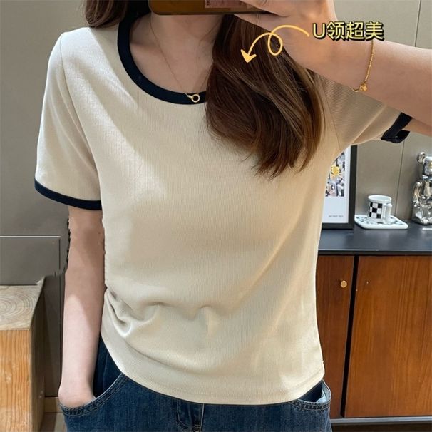 This Color-Coordinated, Straight-Shouldered U-Neck Short-Sleeved T-Shirt Is A Stylish And Versatile Top For Women That H_ecoleips.com
